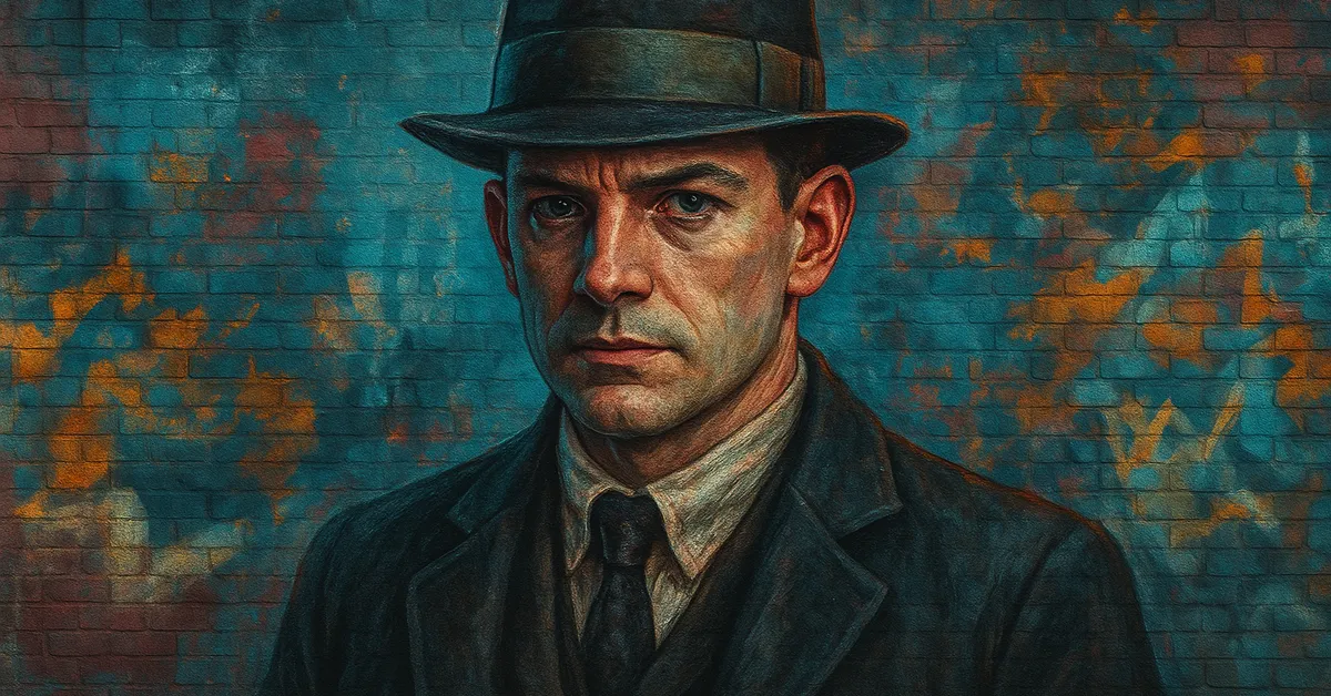 painting of Abernathy, a stern man wearing a dark fedora and a sharp 1920s suit with a serious expression painted on a textured brick surface