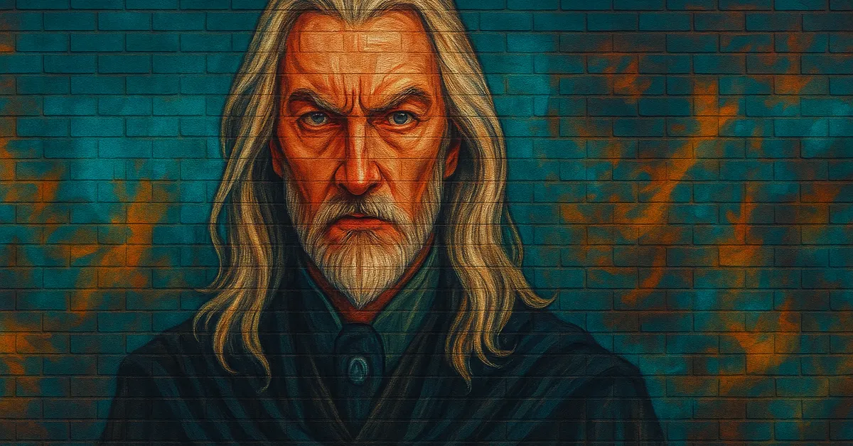 graffiti portrait of Abraxas Malfoy, a distinguished older wizard with long flowing white hair and a beard wearing dark aristocratic robes