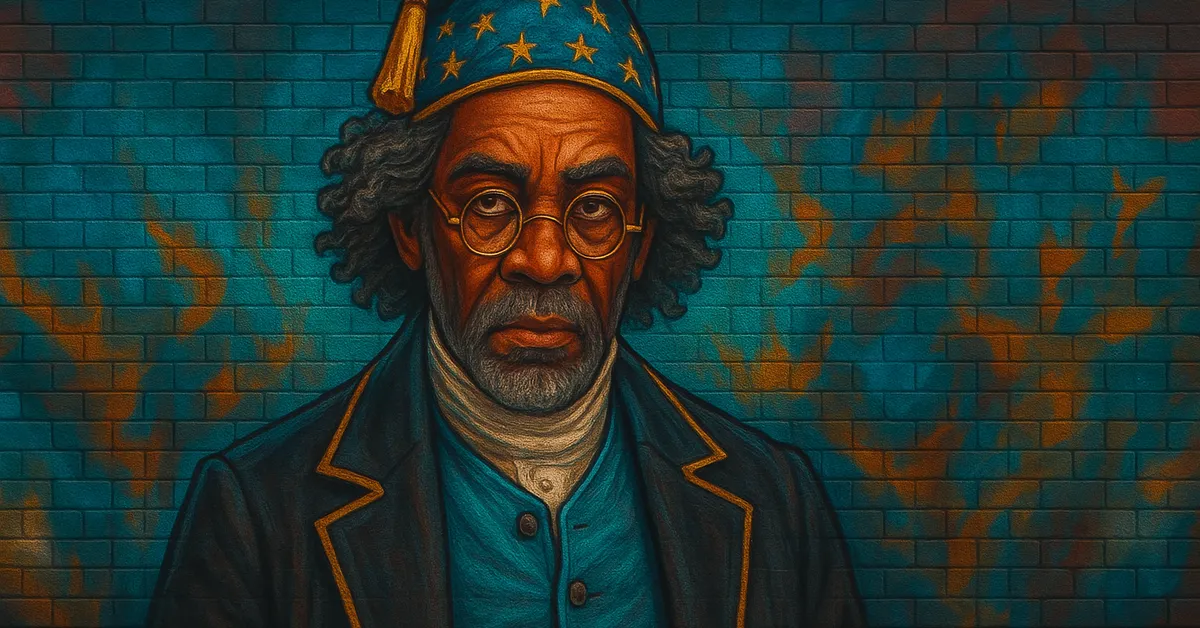 mural of Adalbert Waffling, a scholarly wizard wearing round spectacles and a blue hat adorned with gold stars looking serious against a brick background