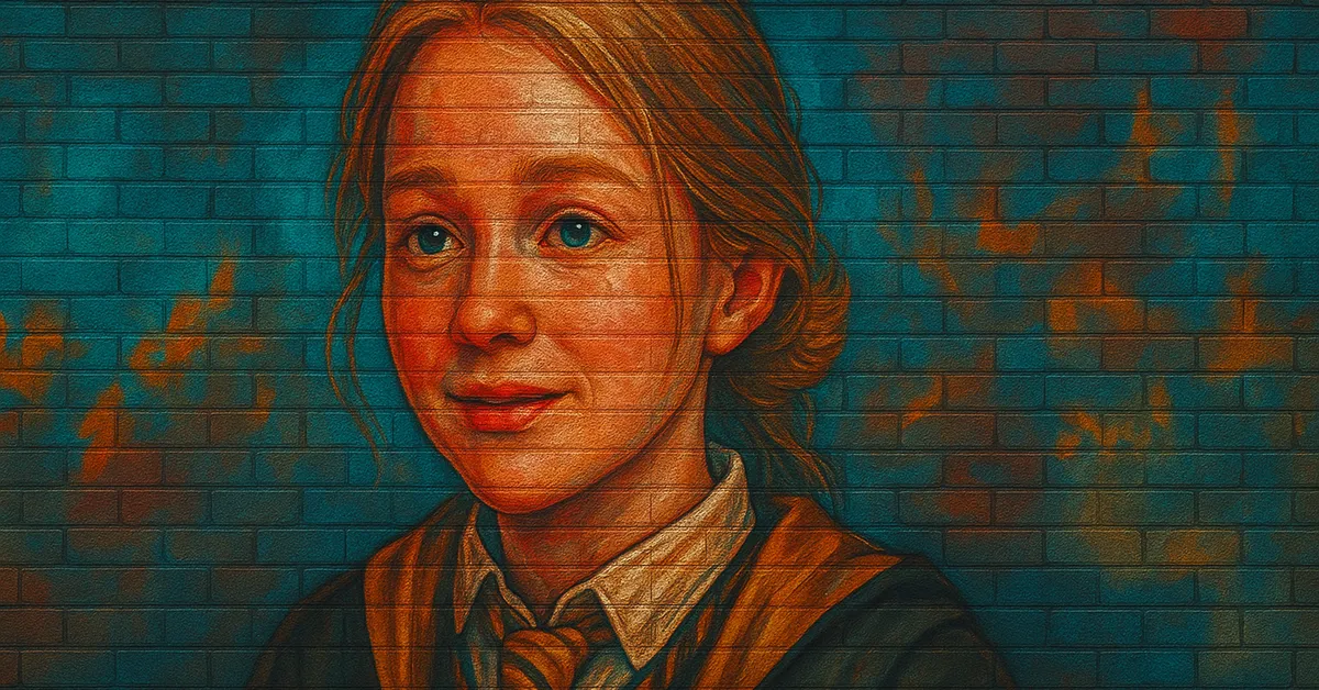 hyper-realistic painting of Adelaide Oakes, a young witch with a gentle smile and strawberry blonde hair tied back loosely on a textured wall