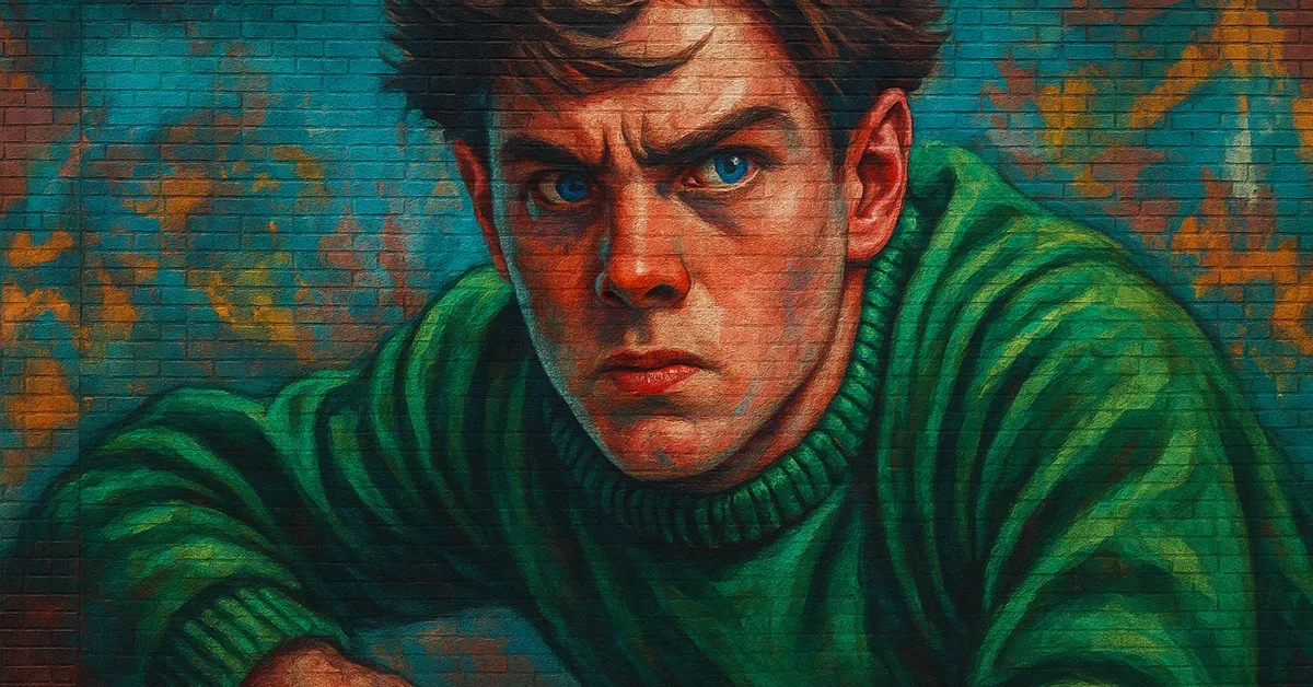 street art of Adrian Pucey, a teenage wizard with dark hair and striking blue eyes wearing a green cable-knit sweater leaning forward