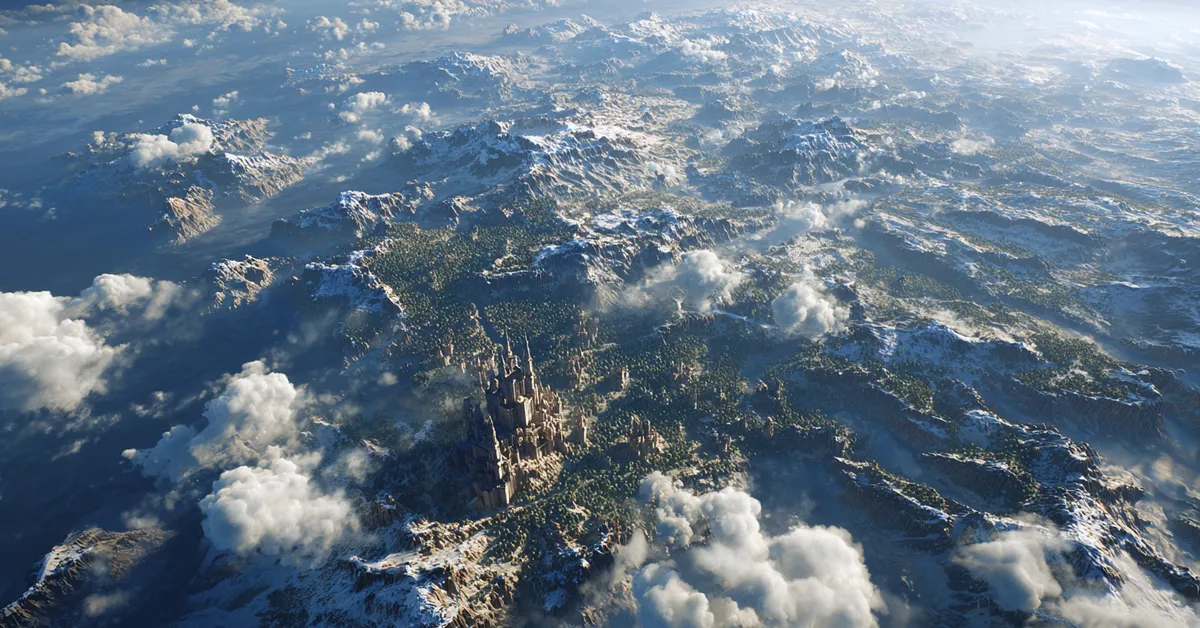 An aerial view of a massive fictional continent spans from a northern ice wall to arid southern mountains visualizing the diverse geography of the Known World