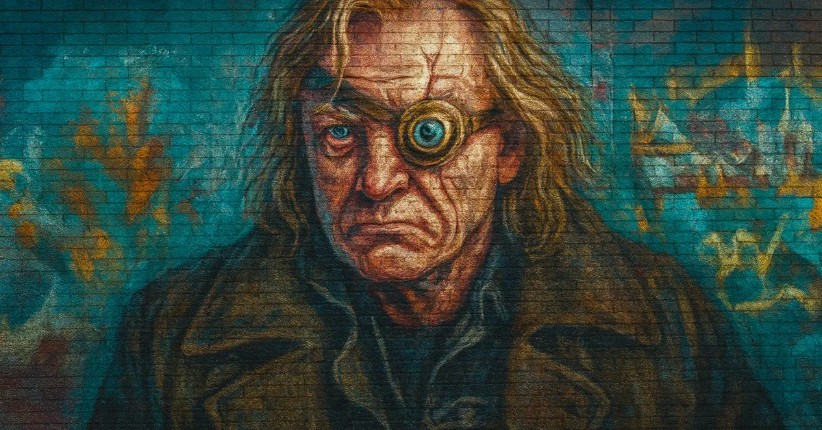 hyper-realistic portrait of Alastor "Mad Eye" Moody, a battle-worn wizard with a spinning electric blue magical eye and heavy facial scars painted on brick