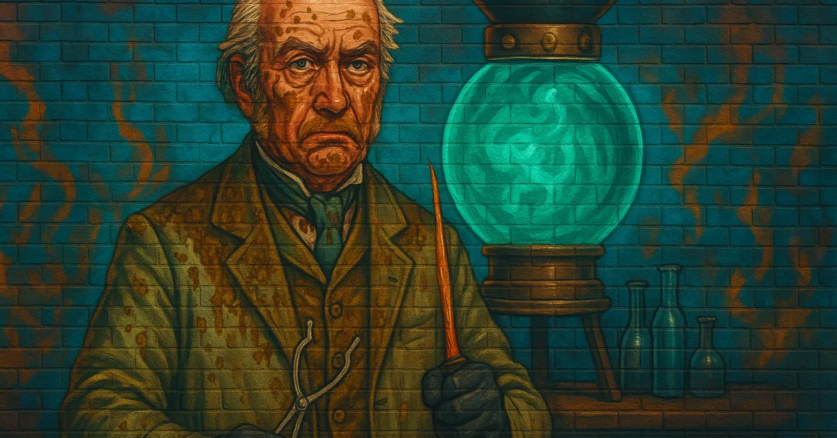 painting of Alberic Grunnion, an elderly wizard with stained clothes holding tongs next to a glowing green magical apparatus on a brick wall