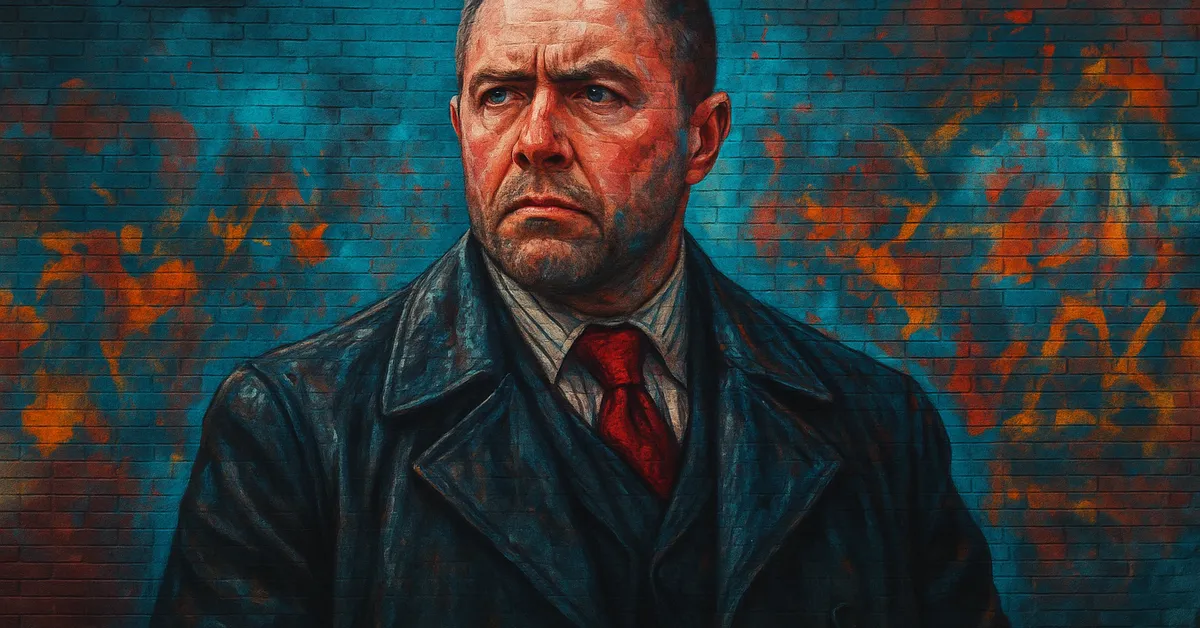 hyper-realistic street art of Albert Runcorn, a formidable man in a heavy trench coat and red tie glaring with an intimidating expression typical of a high-ranking ministry official