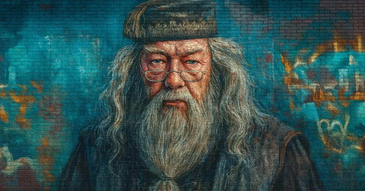 mural of Albus Dumbledore, an elderly wizard with a long flowing white beard and half-moon spectacles wearing an embroidered cap against a blue brick wall