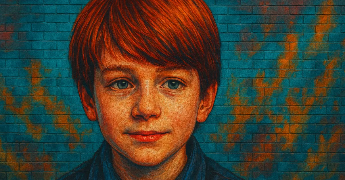 painting of Albus Potter, a young boy with messy auburn hair and bright green eyes looking forward with a gentle expression reminiscent of his father