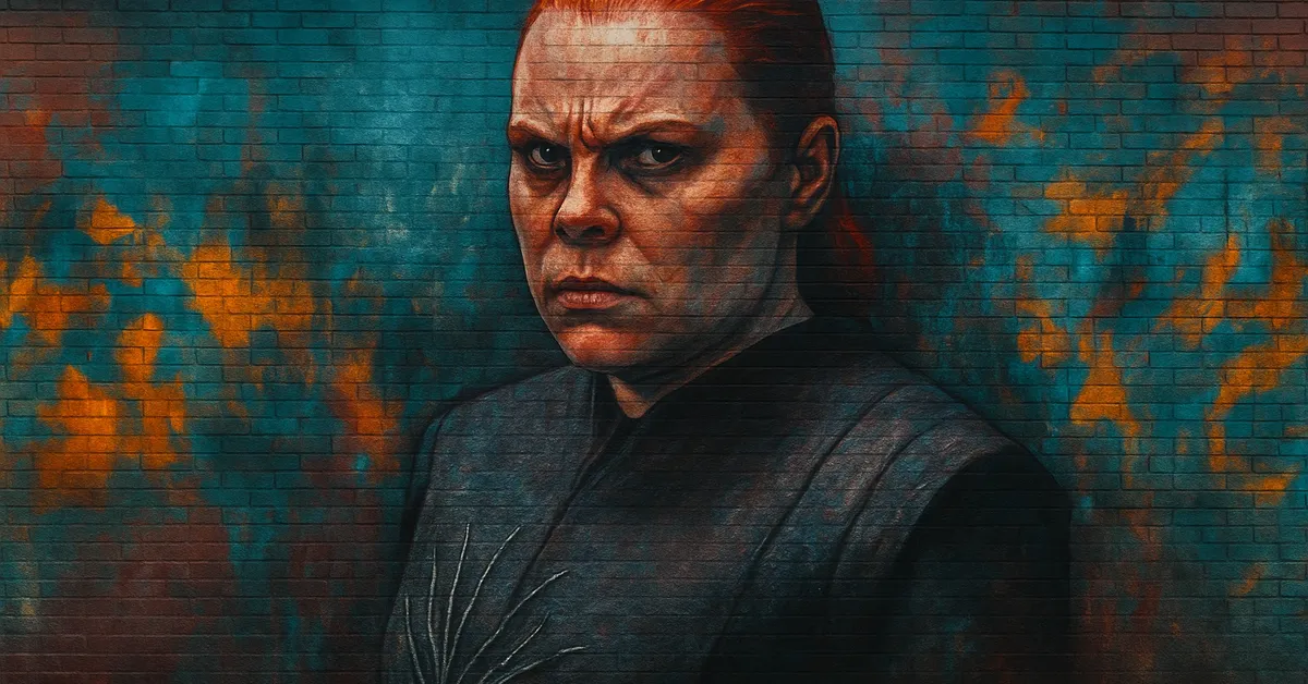 graffiti portrait of Alecto Carrow, a woman with slicked-back reddish hair and a cruel scowl wearing dark robes symbolizing her role as a death eater