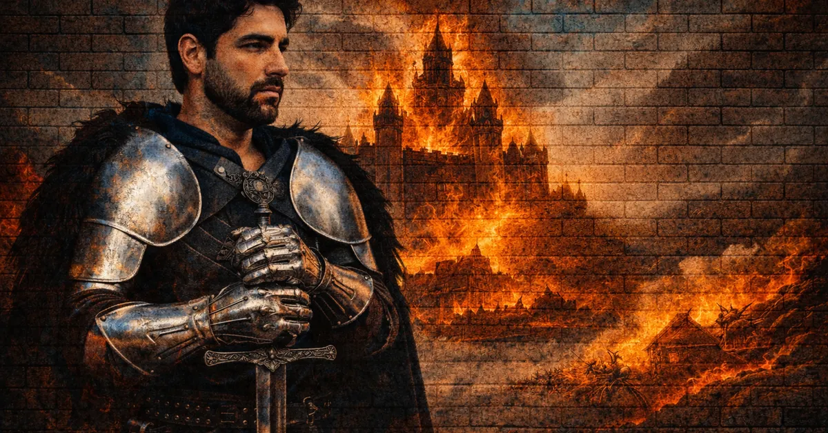 Alester Florent stands with a sword pinted down, armour on ready for battle. Behind him is fire and flames of a world that is destroyed