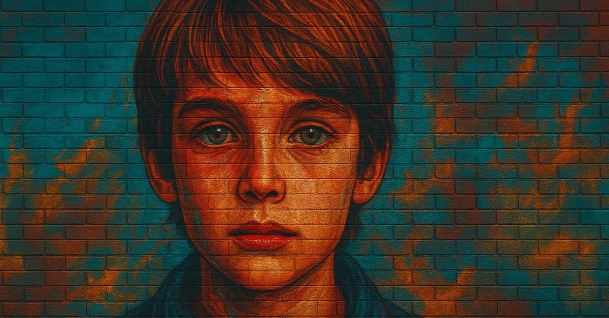 street art of Alfred Cattermole, a young boy with shaggy brown hair and large expressive eyes looking solemn against a textured brick wall