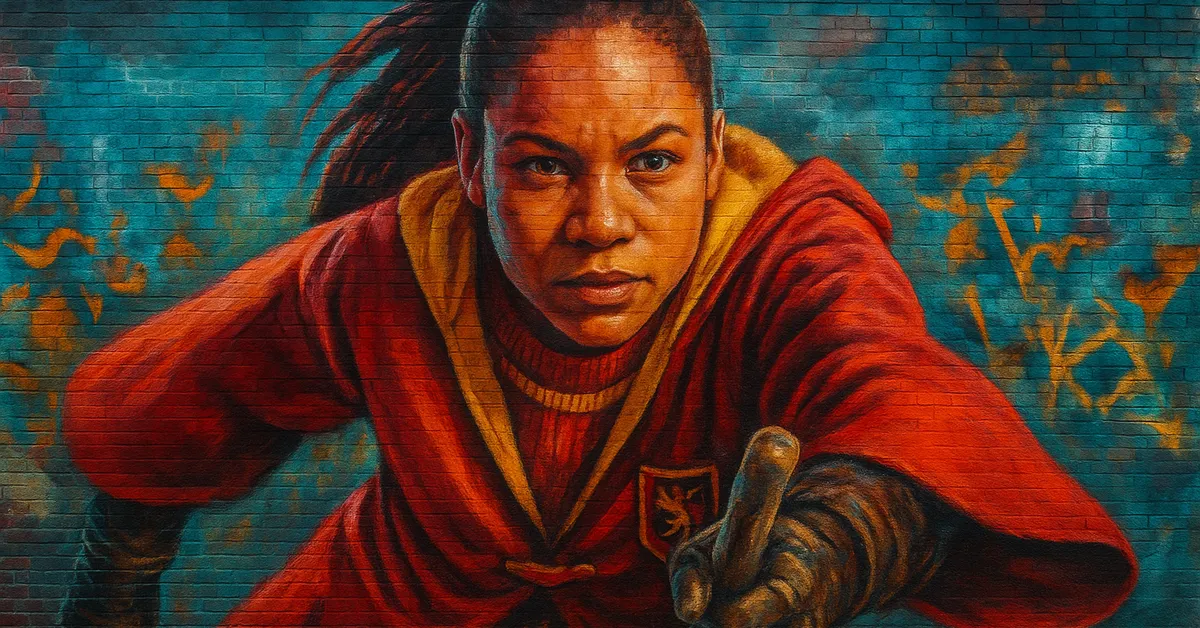 graffiti mural of Alicia Spinnet, a determined female quidditch player in scarlet gryffindor robes pointing forward aggressively during a match