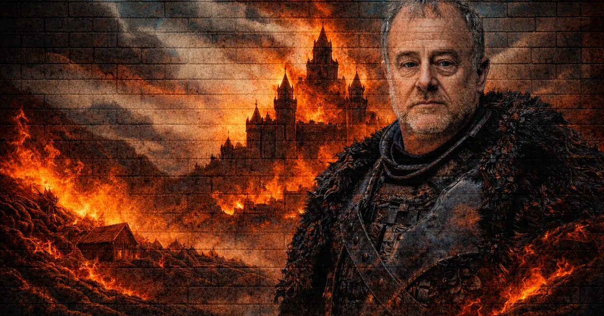 Alliser Throne stands looking very angry and looking at his people. His hair is grey and scruffy as the world behind him burns