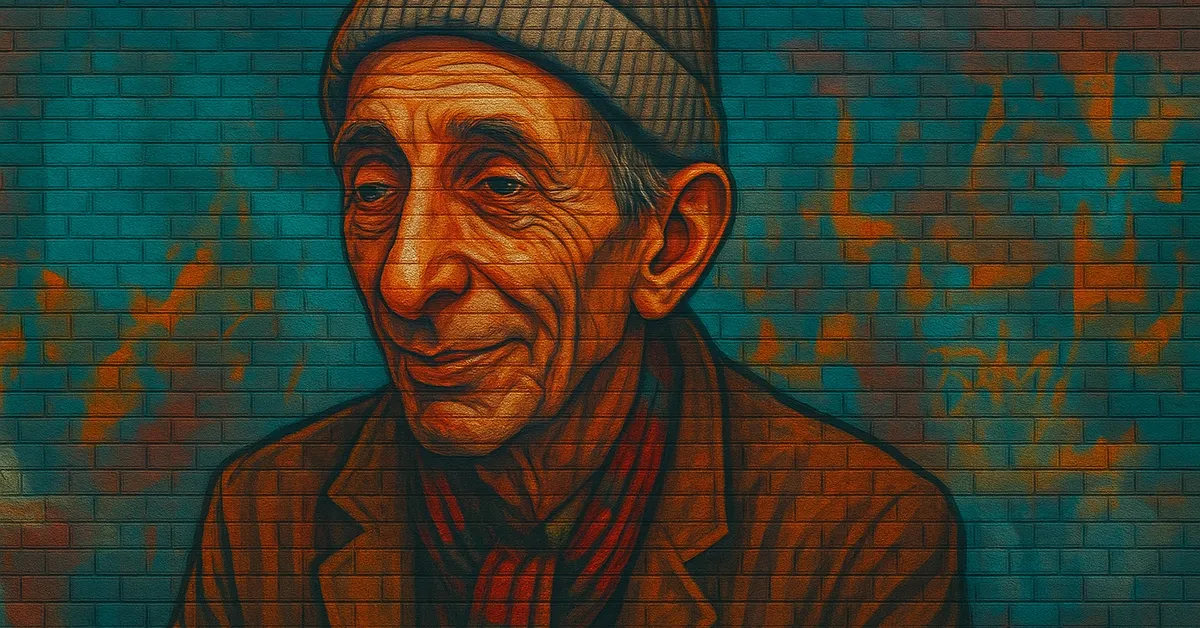 street art of Ambrosius Flume, an elderly shopkeeper wearing a grey knit beanie and scarf with a friendly wrinkled face suggestive of the owner of a famous sweet shop