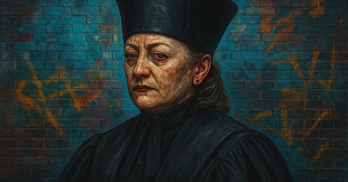 hyper-realistic street art of Amelia Bones, a stern witch with a square jaw and a high-collared black hat staring authoritatively as the Head of the Department of Magical Law Enforcement