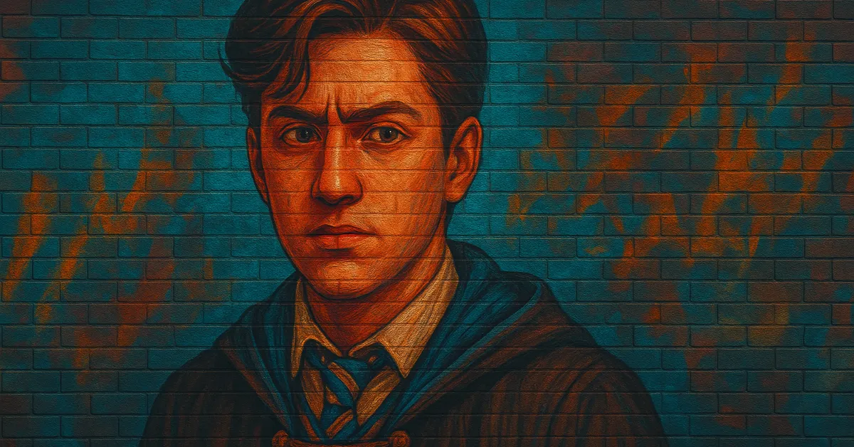 graffiti portrait of Amit Thakkar, a young wizard with neatly parted dark hair and a serious expression wearing a blue and bronze tie representing House Ravenclaw