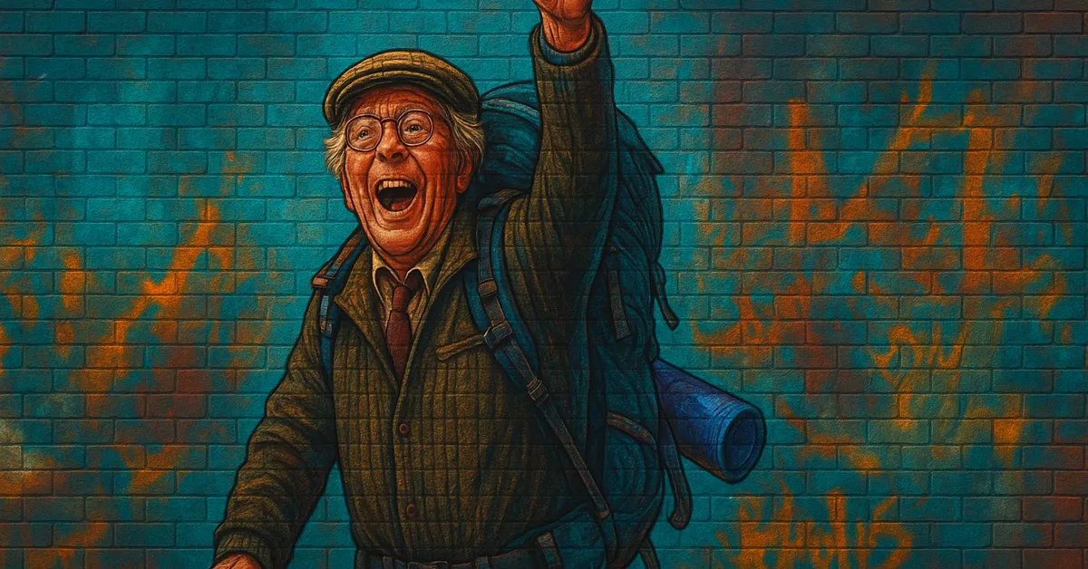 mural of Amos Diggory, an enthusiastic older man with a backpack waving excitedly with an open-mouthed smile as if cheering for his son Cedric