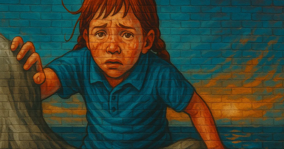 painting of Amy Benson, a terrified young girl with wet matted hair clinging to a rock face with a sunset background depicting her trauma at the seaside cave