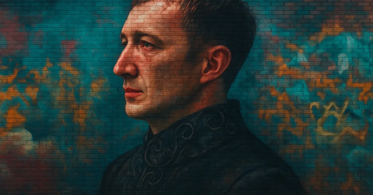 street art of Amycus Carrow, a lumpy-faced wizard with a cruel sneer and cold eyes wearing the high-collared dark robes of a Death Eater