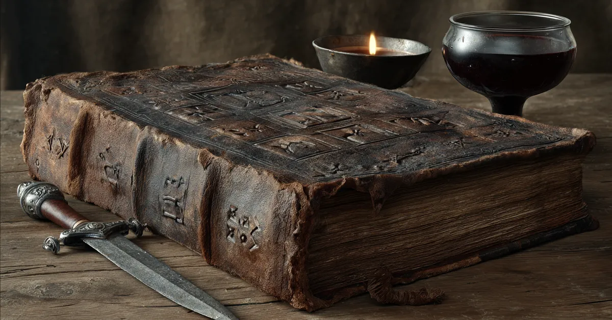 A weathered leather tome rests on a wooden table beside a rusted dagger and dark wine in a goblet creating a scene fit for a maester of the Citadel
