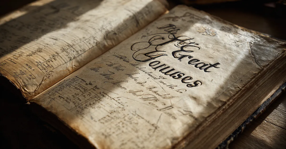 An open leather-bound genealogy book displays The Great Houses in ornate calligraphy amidst lineage charts evoking the histories studied by Maesters