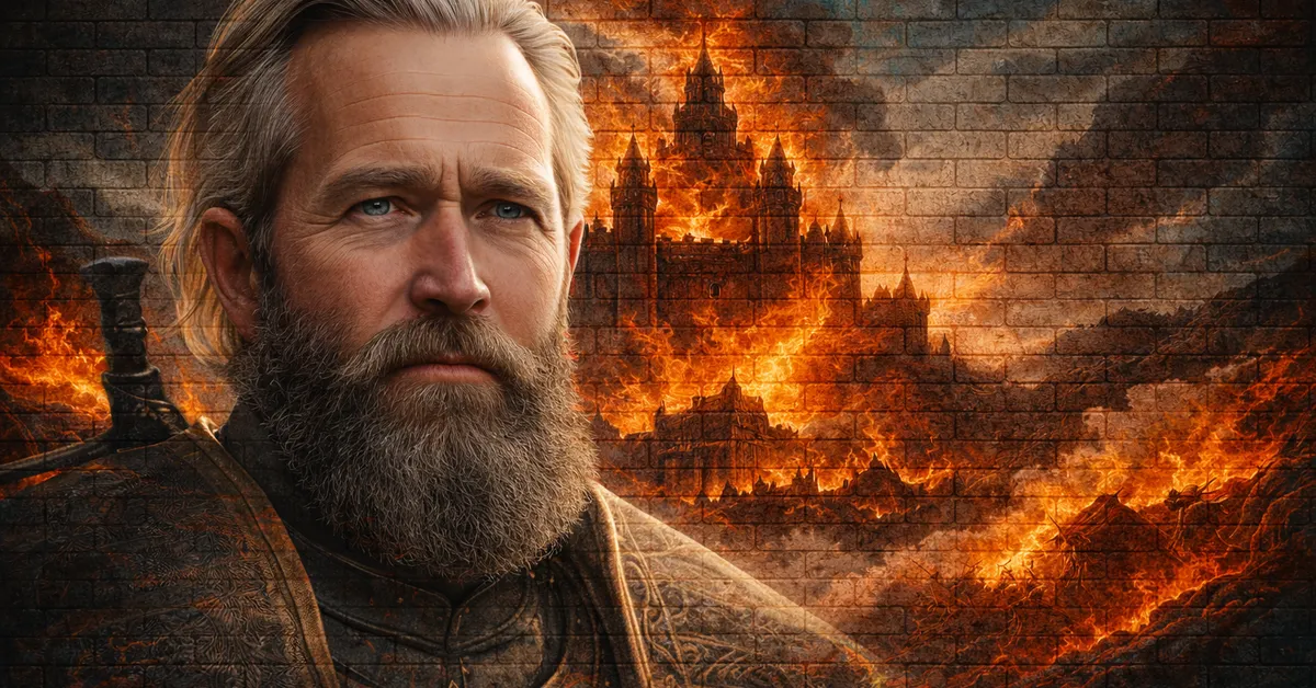 Andar Royce looks into the distance with purpose as behind him the world explodes in fire and flames