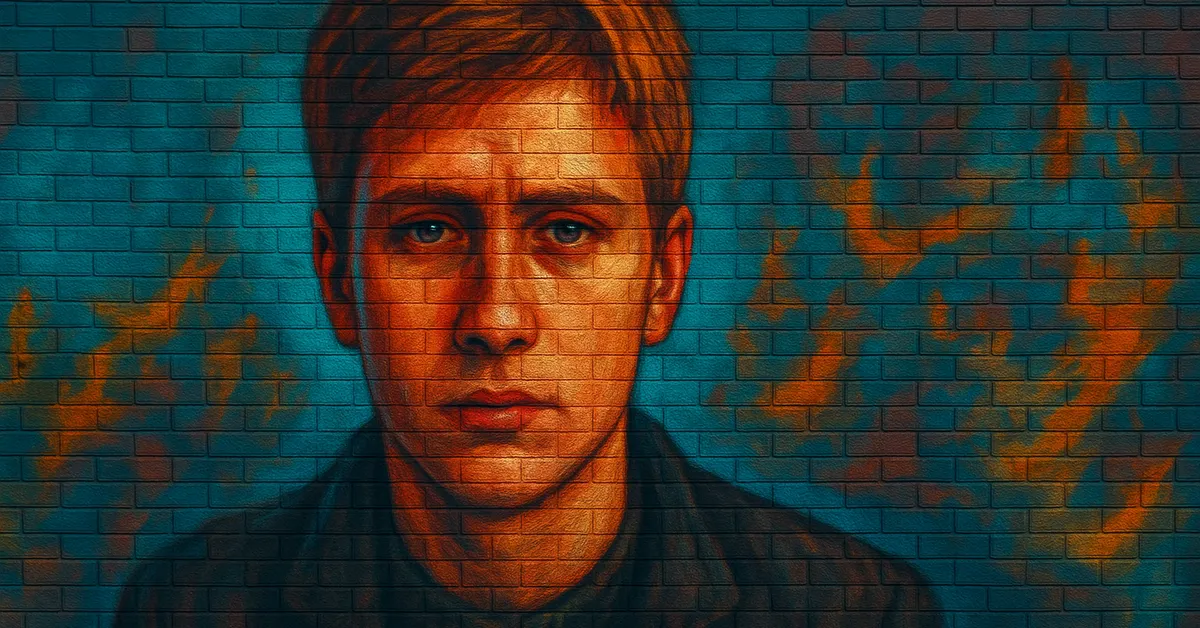 graffiti mural of Andrew Kirke, a young wizard with short hair and a solemn expression looking out from the shadows of a brick wall