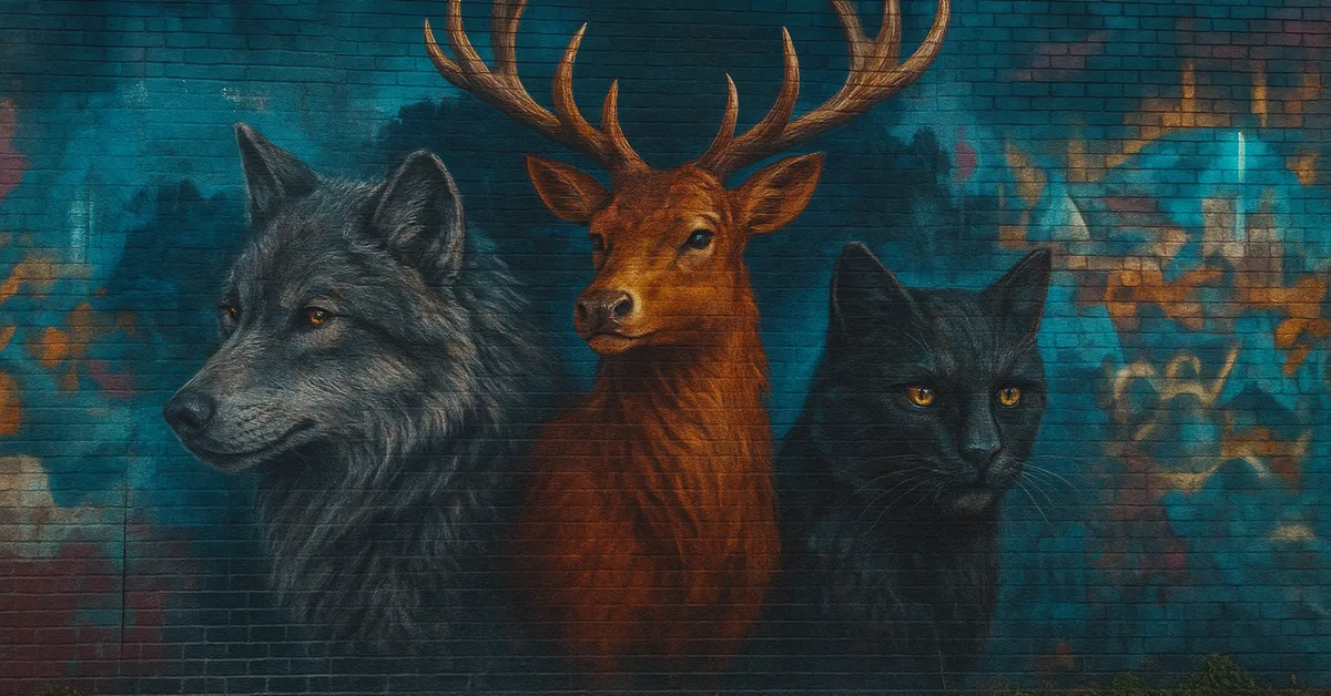 A mural showing three Animagus creatures including a grey wolf a bright red stag with large antlers and a black cat with golden eyes against a blue brick background