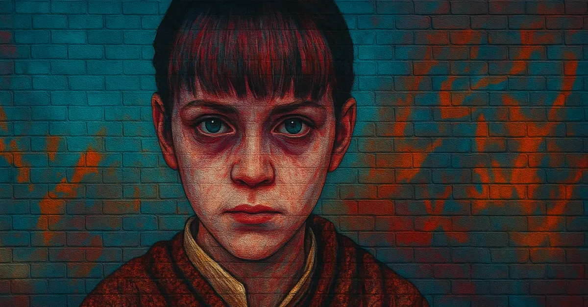 street art of Anne Sallow, a pale young girl with dark circles under her eyes and a haunted expression reflecting her suffering from a debilitating curse