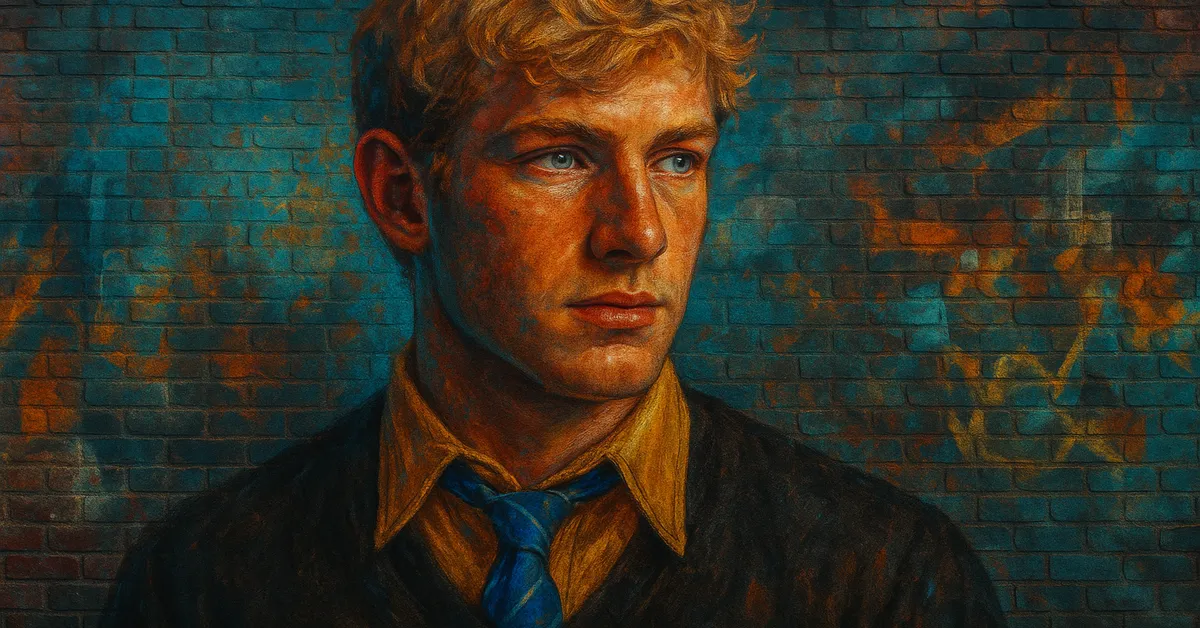 mural of Anthony Goldstein, a blonde wizard with a sharp gaze wearing a yellow-collared shirt and blue tie identifying him as a Ravenclaw prefect
