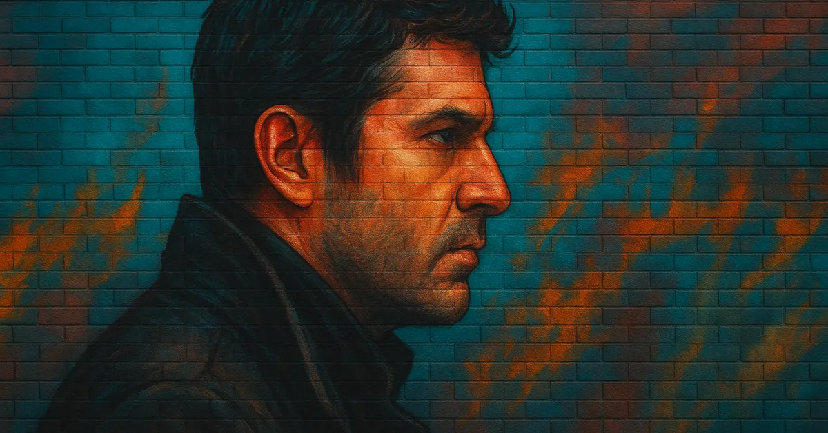 graffiti mural of Anthony Rickett, a dark-haired wizard with heavy sideburns and a brooding expression in profile wearing a leather jacket that suggests his role as a Slytherin Beater