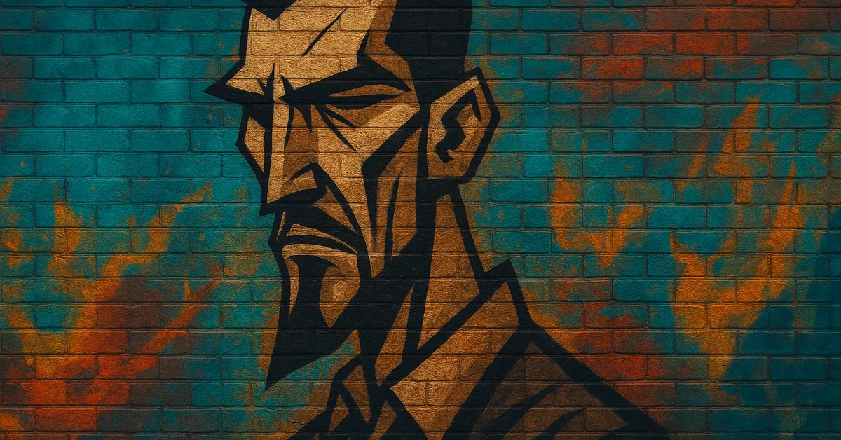 stylized street art of Antioch Peverell, depicted with sharp angular features and a goatee in a graphic manner reminiscent of the Tale of the Three Brothers animation