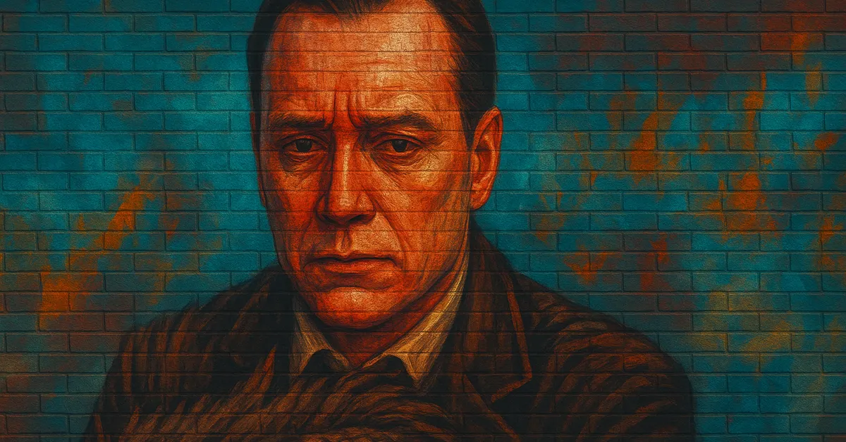 hyper-realistic portrait of Anton Vogel, a serious man with a furrowed brow and short hair wearing a formal suit typical of the Supreme Mugwump