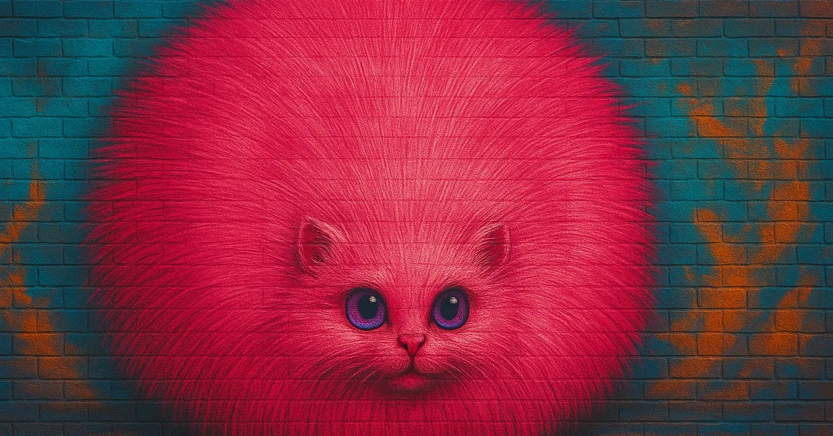 graffiti mural of Antonio The Pygmy Puff, a giant spherical creature with bright pink fur and large purple eyes staring out from the brick wall
