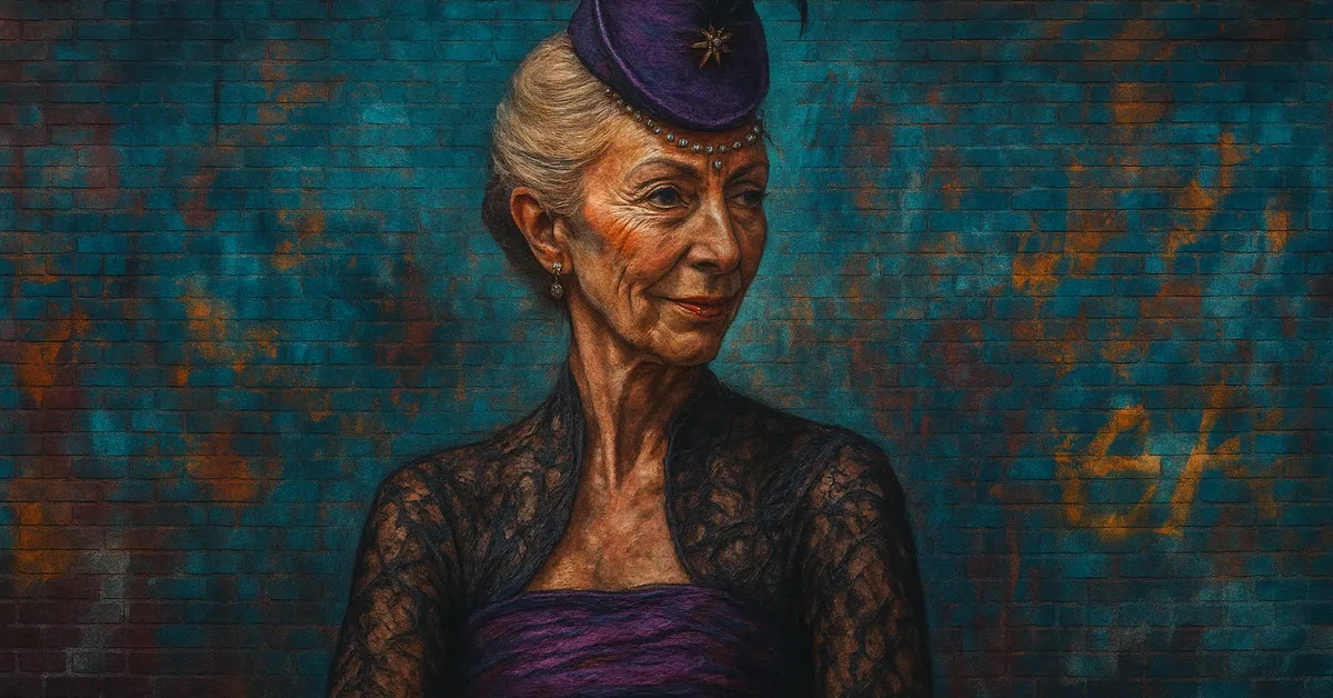 hyper-realistic street art of Apolline Delacour, a sophisticated older witch with silvery-blonde hair wearing a purple pillbox hat and dark lace looking elegantly haughty on a brick background