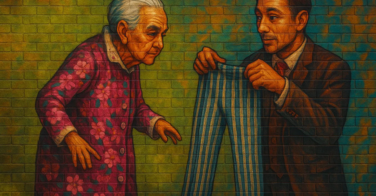 street art depicting a scene related to Apollyon Pringle, showing a man presenting a pair of blue striped trousers to an elderly woman in a pink floral robe