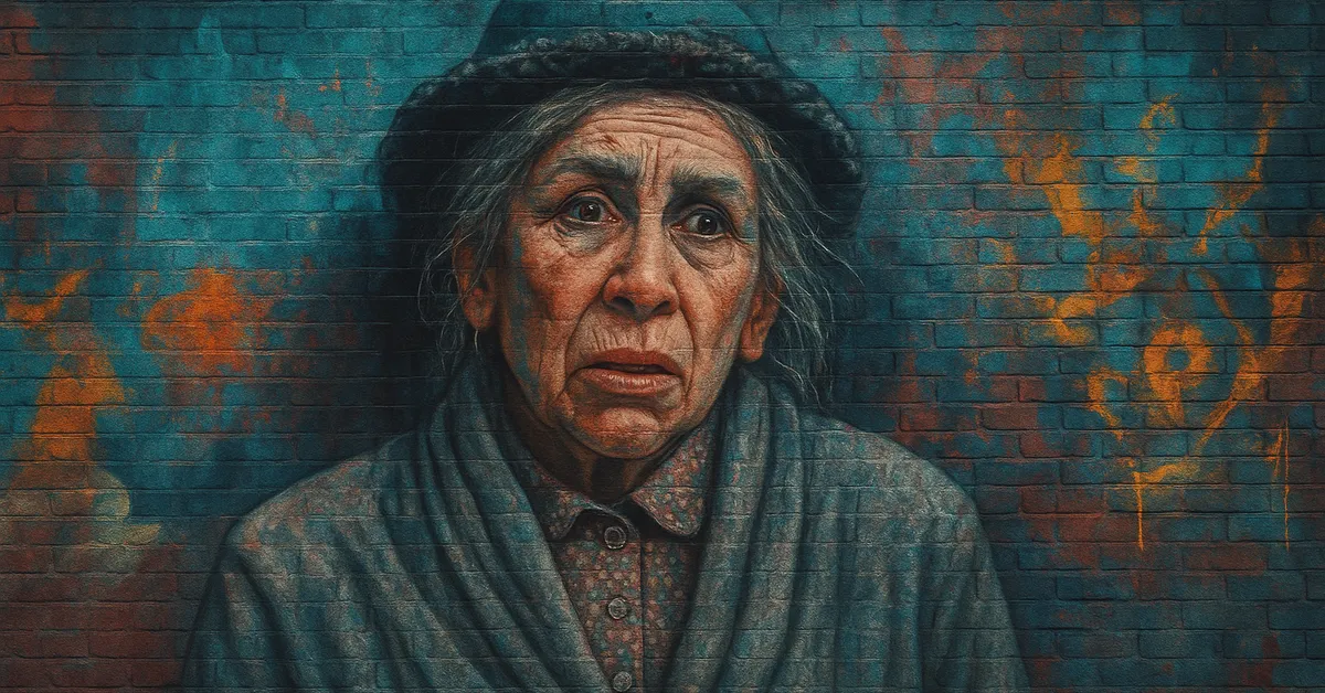 hyper-realistic portrait of Arabella Figg, an elderly woman with a worried expression wearing a wool hat and shawl capturing the look of the Squib neighbor from Little Whinging