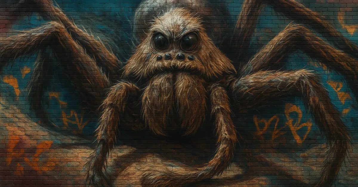 graffiti mural of Aragog, depicted as a gigantic hairy spider with multiple dark eyes and pincers emerging from a dark blue background capturing the terrifying nature of the Acromantula