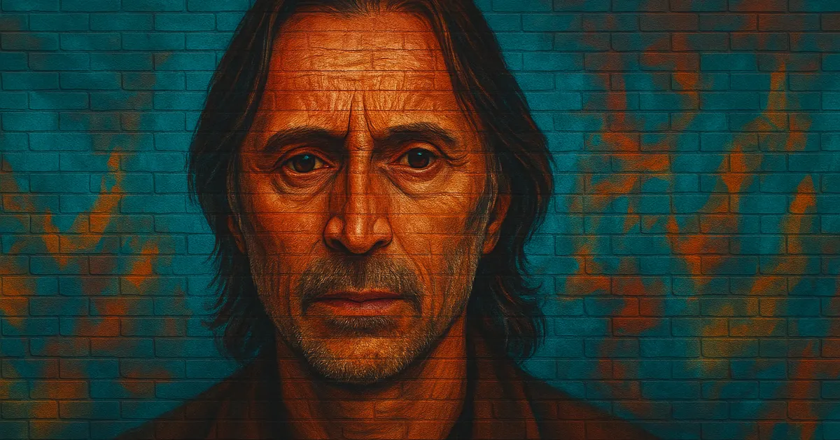 graffiti portrait of Archie Aymslowe, a wizard with shoulder-length brown hair and a scruffy beard looking serious in a brown coat