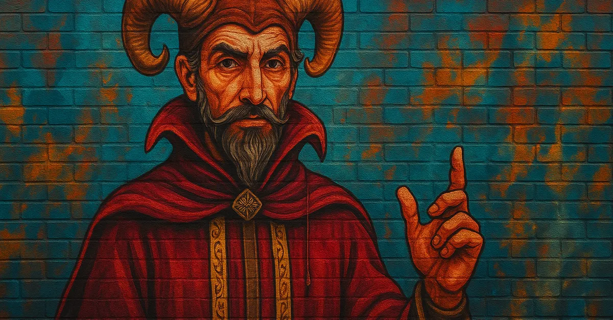 street art of Arcus, a mysterious wizard with large curled ram horns growing from his head and a red cloak raising a finger in a gesture of instruction