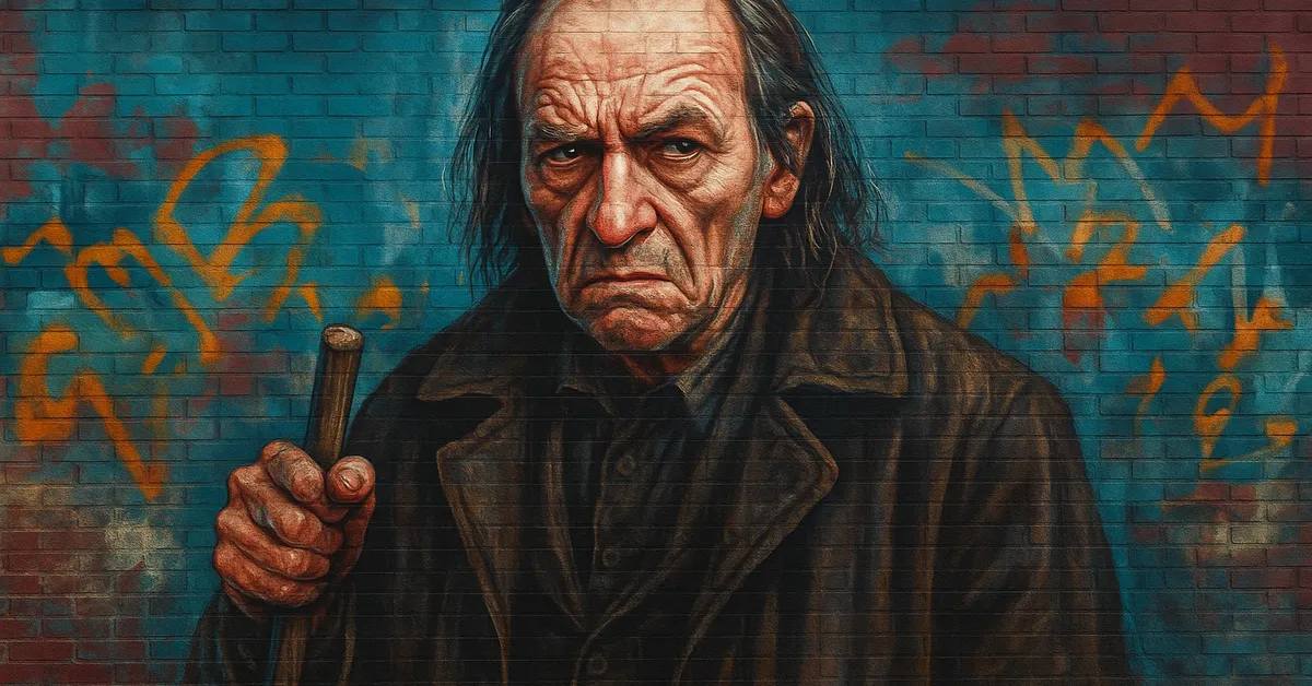 hyper-realistic street art of Argus Filch, a gnarled man with stringy hair gripping a broom handle with a suspicious glare on a textured wall