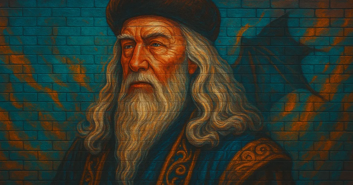 graffiti portrait of Arkie Alderton, an elderly wizard with a long white beard and a flat cap staring seriously from the wall