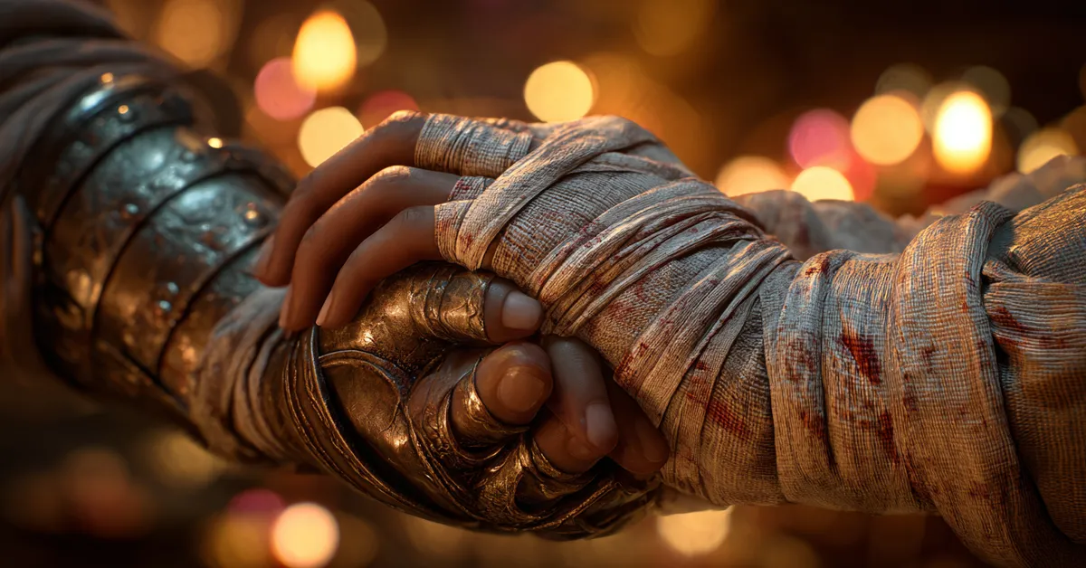 A close-up of a mailed gauntlet clasping a hand in soft fabric wrapped in a ceremonial ribbon during a candlelit ceremony symbolizing a binding pact