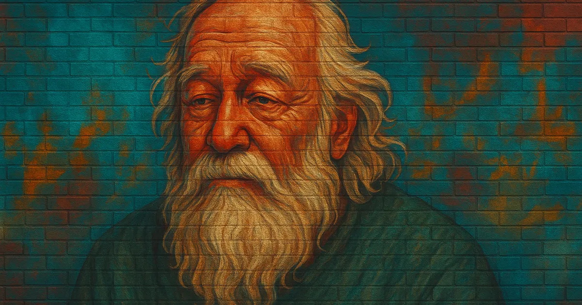 painting of Arnold Peasegood, an old man with a heavy white beard and sorrowful eyes looking downcast against a graffiti background