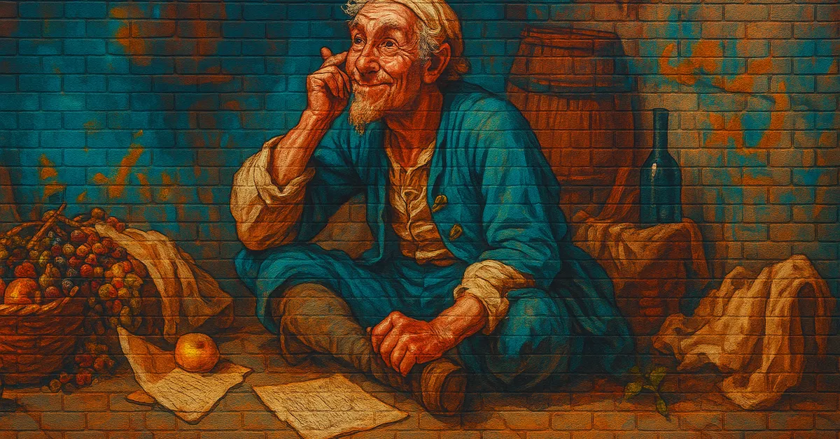 street art of Arsenius Jigger, a smiling elderly man in blue robes sitting casually on the ground next to a wooden barrel and bottles