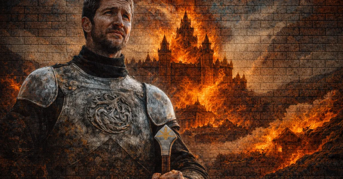 Arthur Dayne looks over a cliff, wearing armour, helmet in hand as behind him on the hilltop, the castle burns and rages with fire