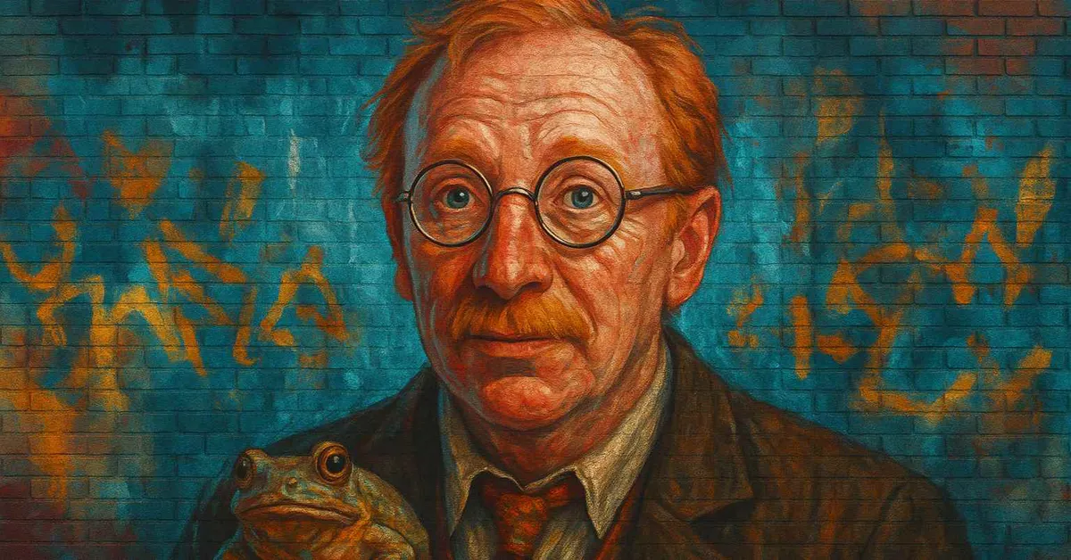 hyper-realistic mural of Arthur Weasley, a balding man with red hair and glasses holding a toad with a fascinated expression