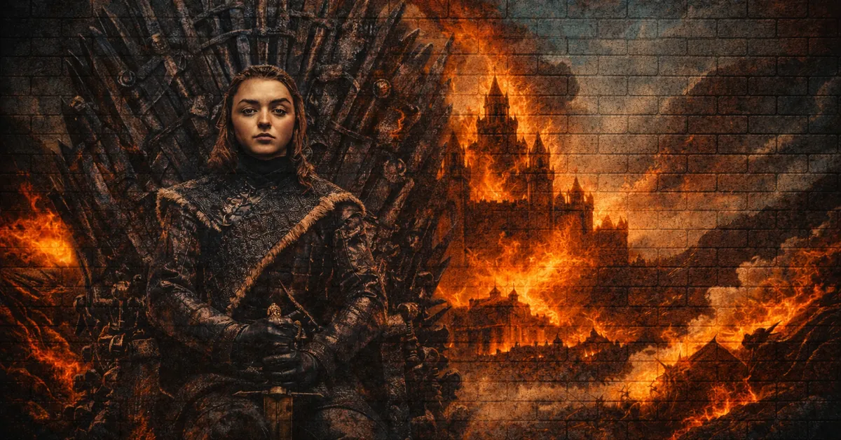 Arya Stark, sitting on the Iron Throne with a burning castle behond. her face is determined