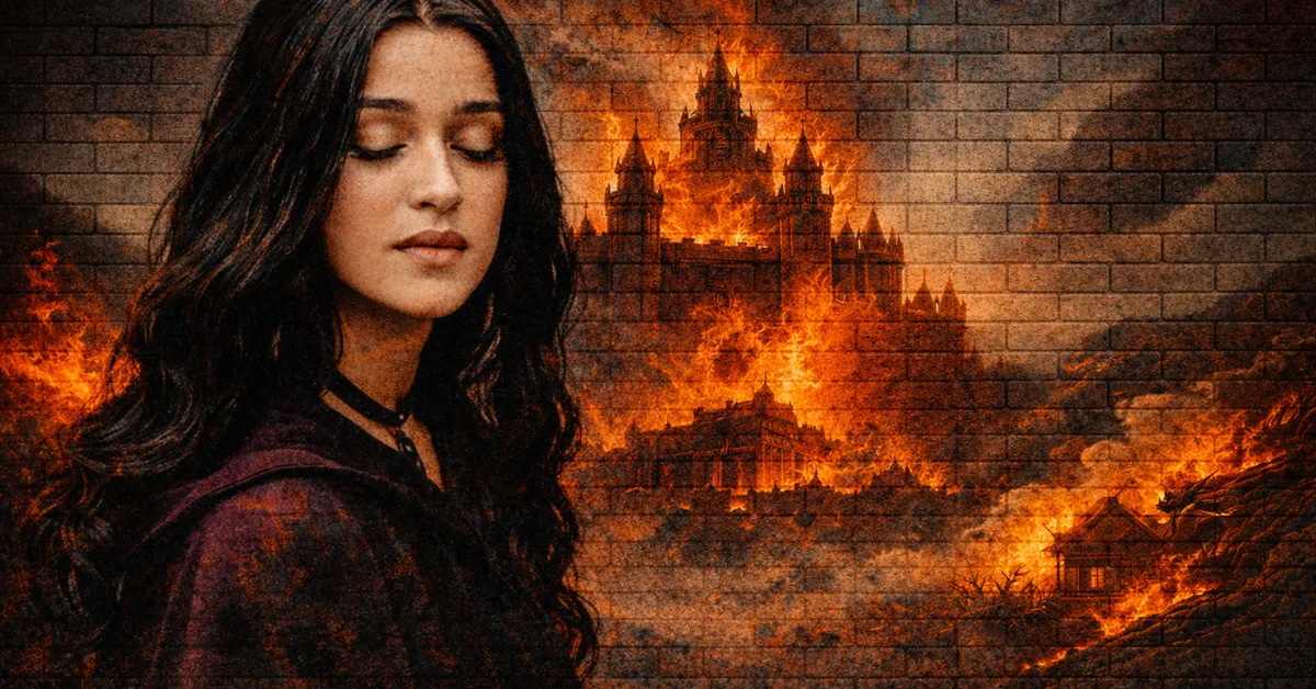 Ashara Dayne has her eyes closed with sadness as behind her her home is burning anfe is forever changed