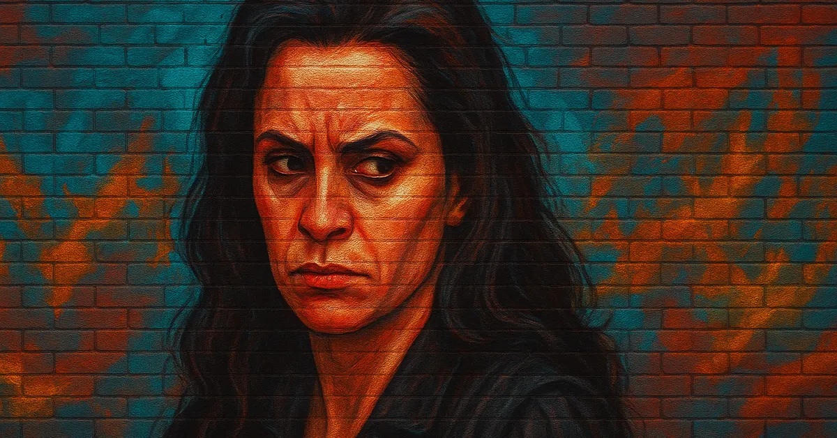 graffiti portrait of Astoria Malfoy, a woman with dark wavy hair and a concerned expression wearing a dark coat on a brick surface