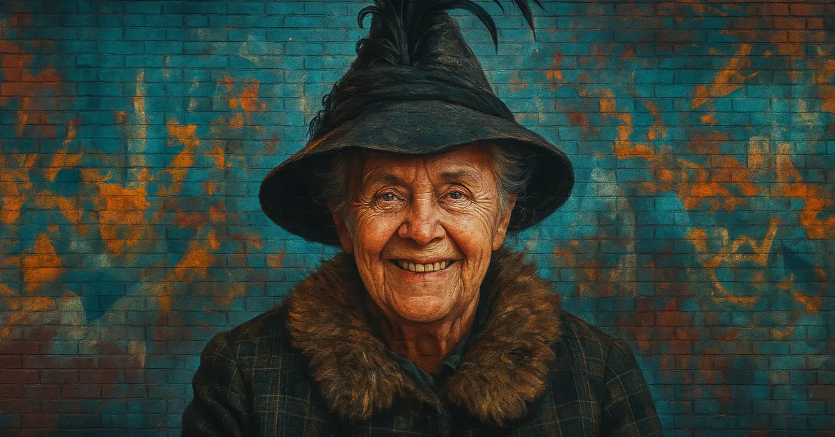 painting of Augusta Longbottom, an older woman with a beaming smile wearing a distinctive pointed hat adorned with feathers and a fur collar